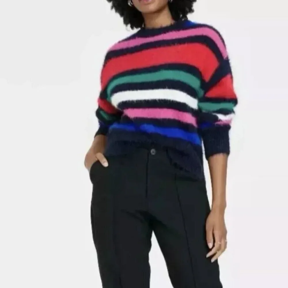 A New Day | Red Black Blue Stripe Eyelash Sweater Size Medium